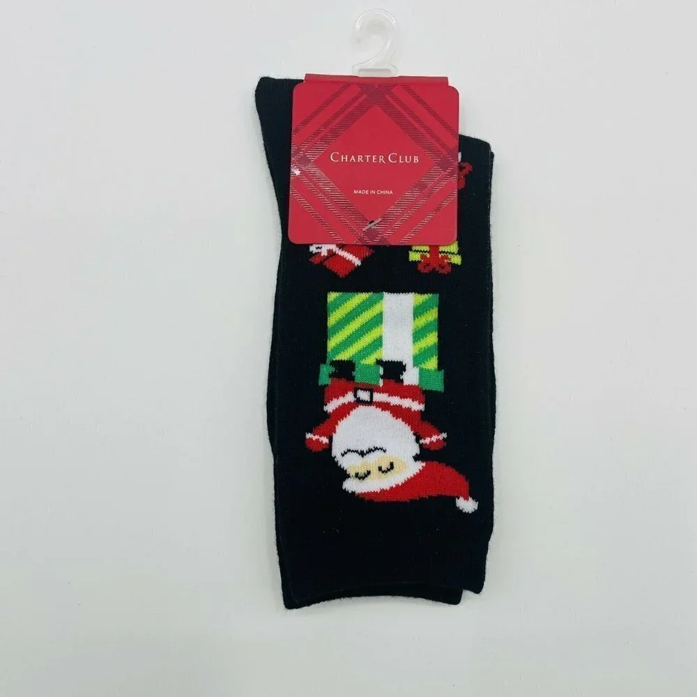 Charter Club Women Sock Size 9-11 Christmas Santa Claus with Presents Crew Socks